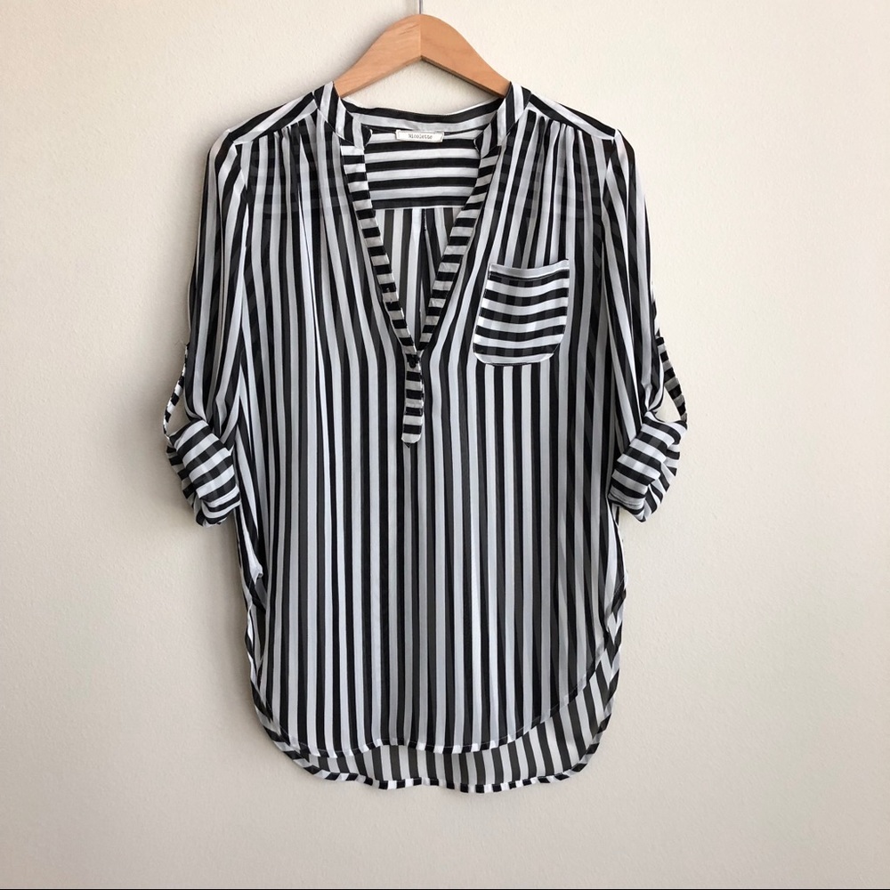 Nicolette Stripes Round Hem Black White Blouse